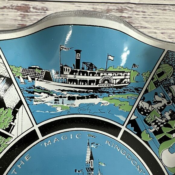 70s Vtg Walt Disney World Scalloped Fluted souvenir Glass Ashtray Candy 7" Dish - Picture 3 of 11